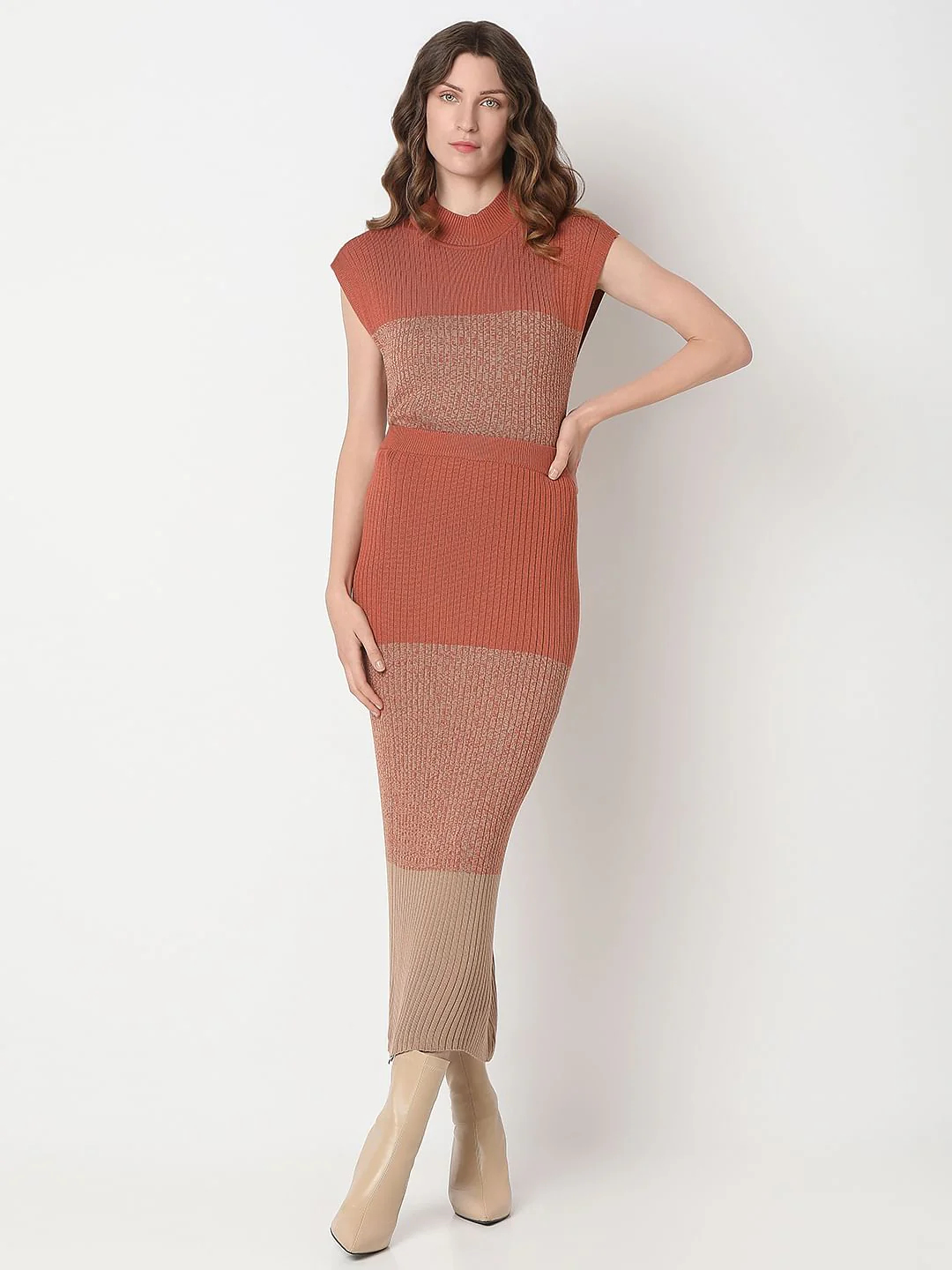 Beige Colourblocked Knitted Co-Ord Set Skirt - Image 5