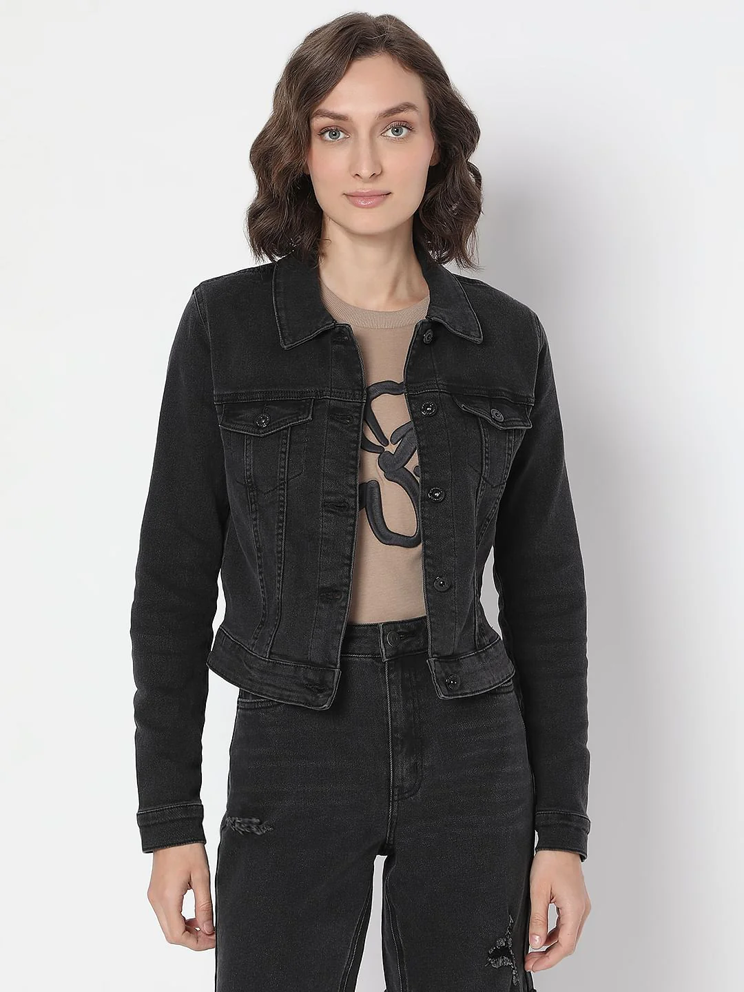 Black Cropped Denim Jacket - Image 2