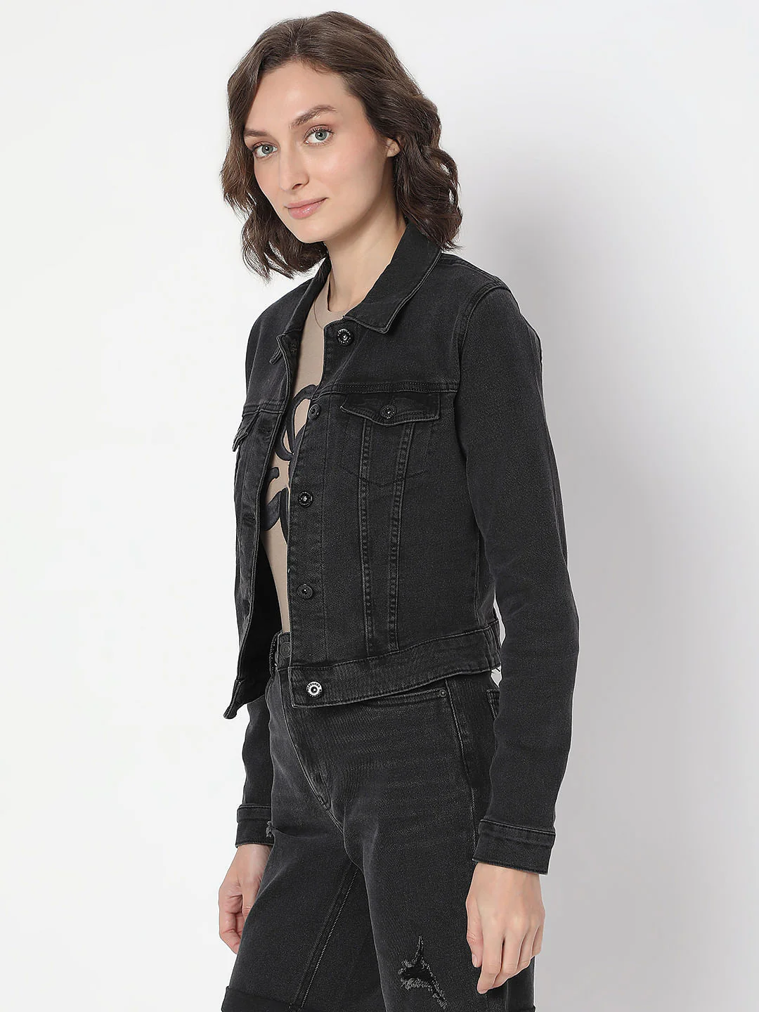 Black Cropped Denim Jacket - Image 3