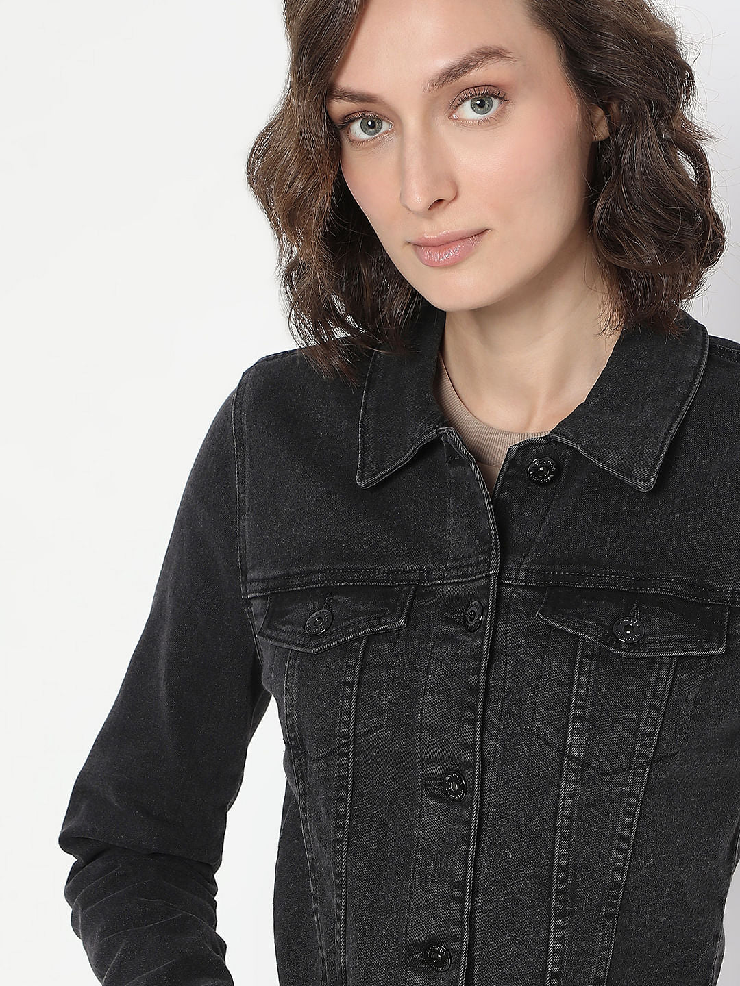 Black Cropped Denim Jacket - Image 6