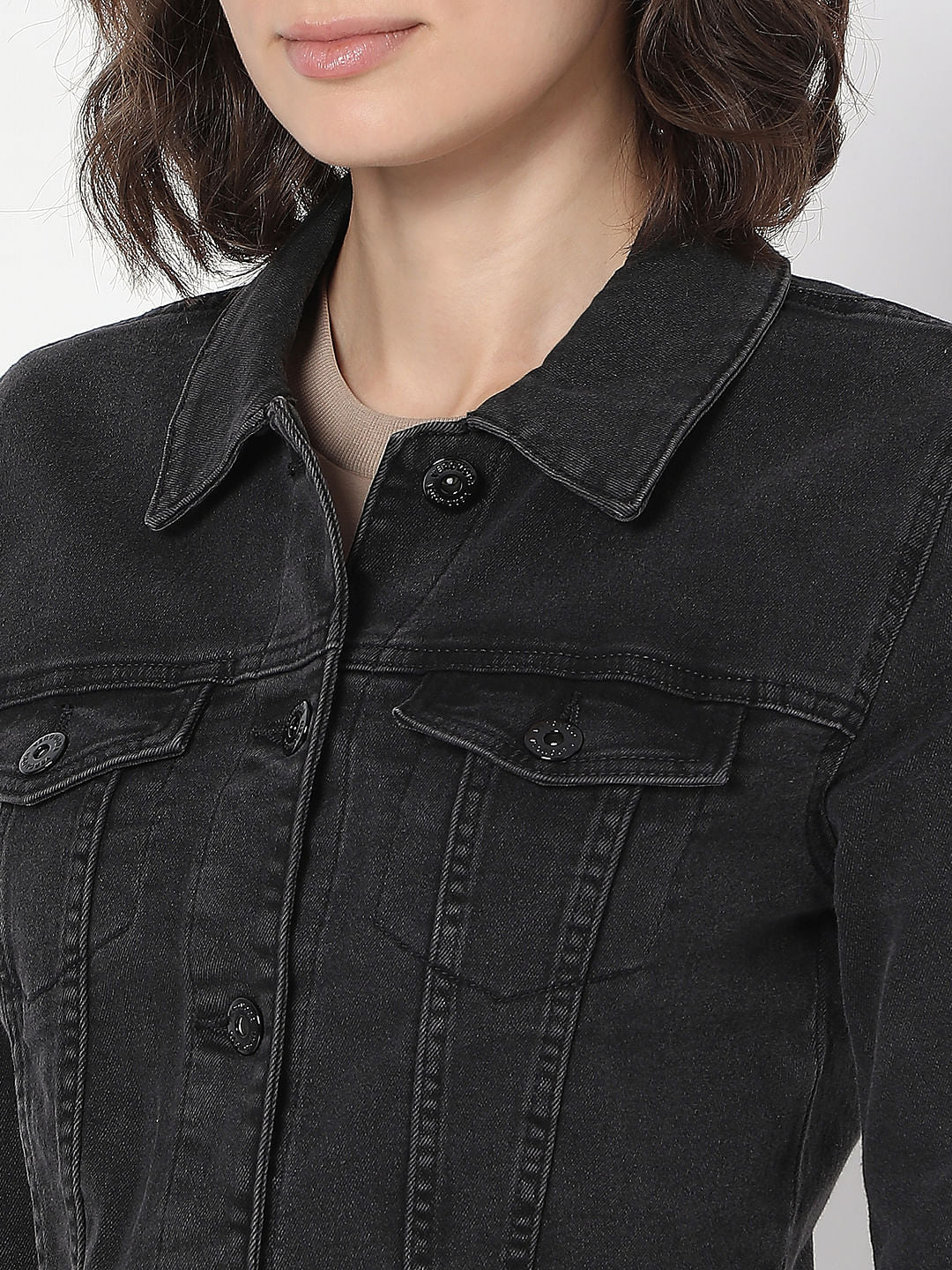 Black Cropped Denim Jacket - Image 8