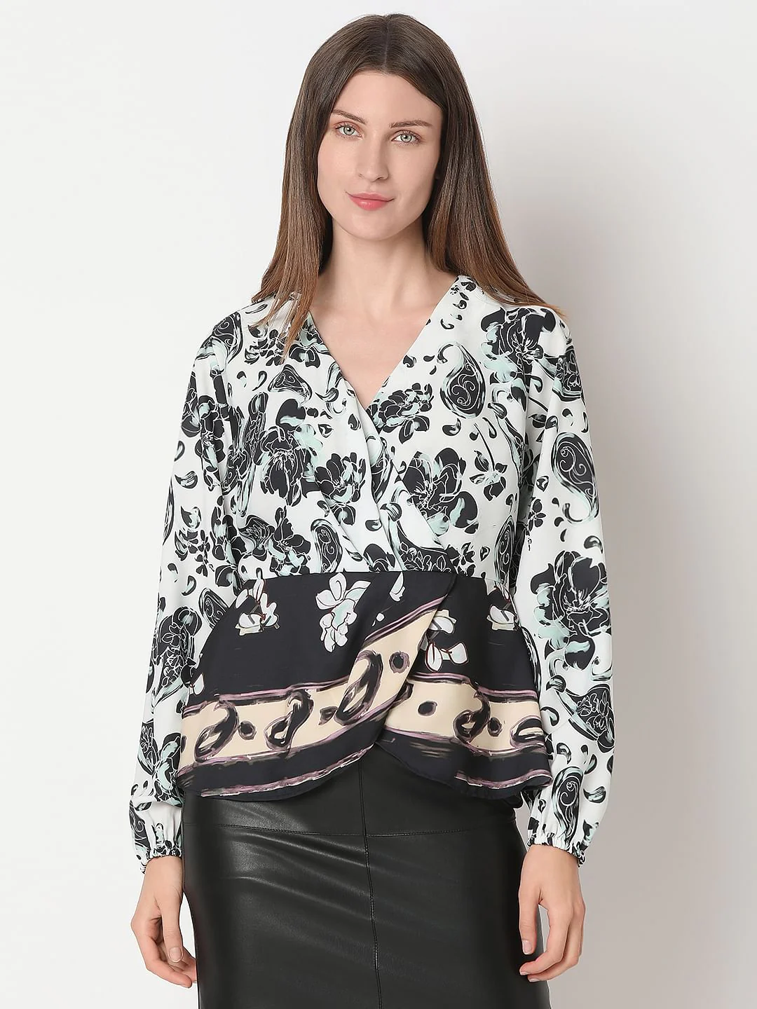 White Mixed Print Wrap Top - Image 2