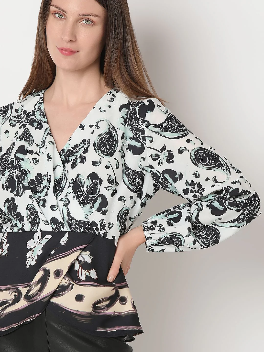 White Mixed Print Wrap Top - Image 6