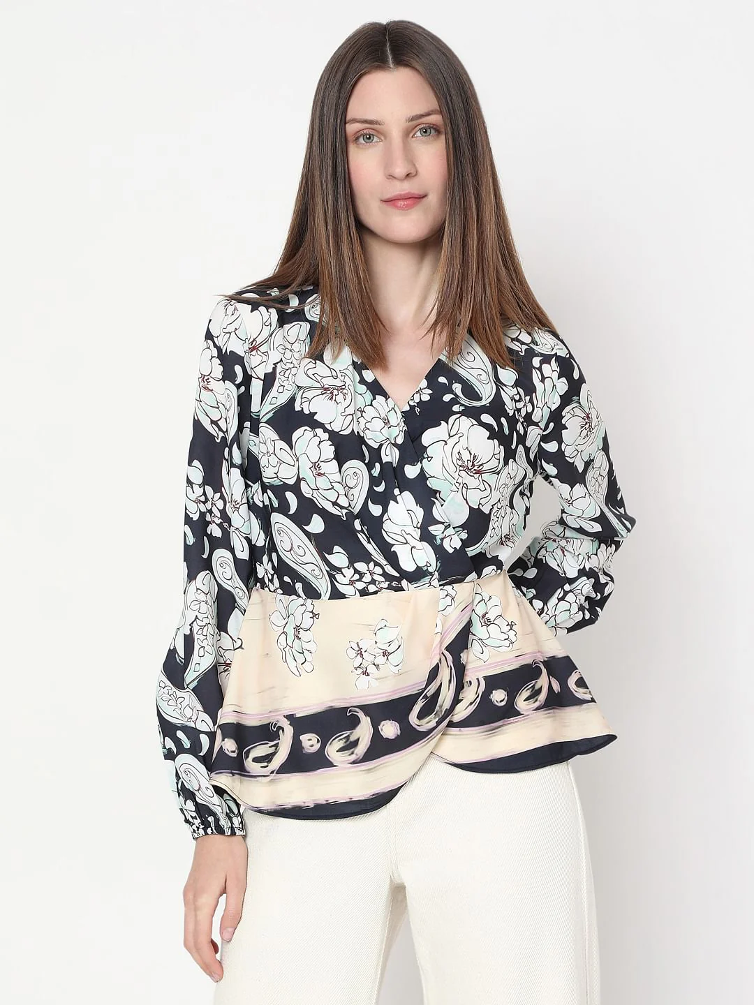 Black Mixed Print Wrap Top - Image 2