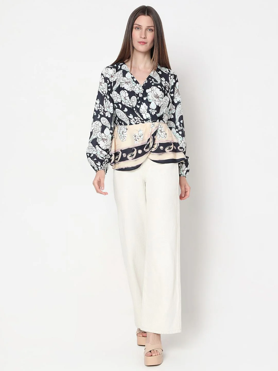 Black Mixed Print Wrap Top - Image 5