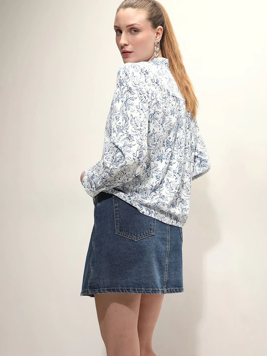 White Printed Full Sleeves Top