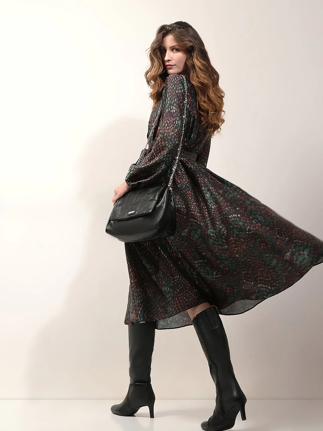 Black Printed Midi Dress