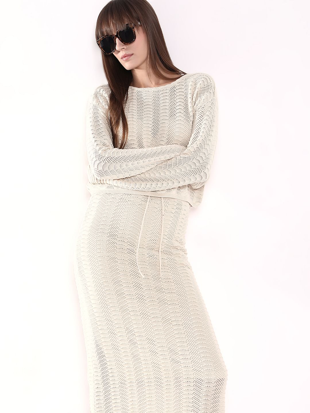 Off-White Knitted Co-Ord Set Top