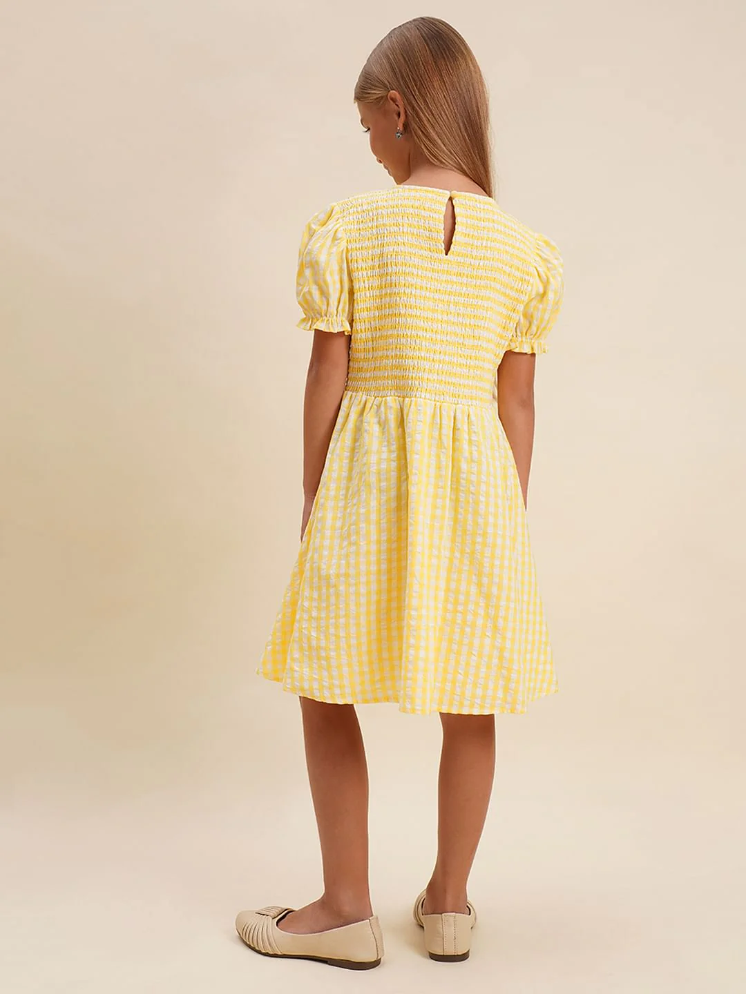 Girls Yellow Check Smocked Dress - Image 3