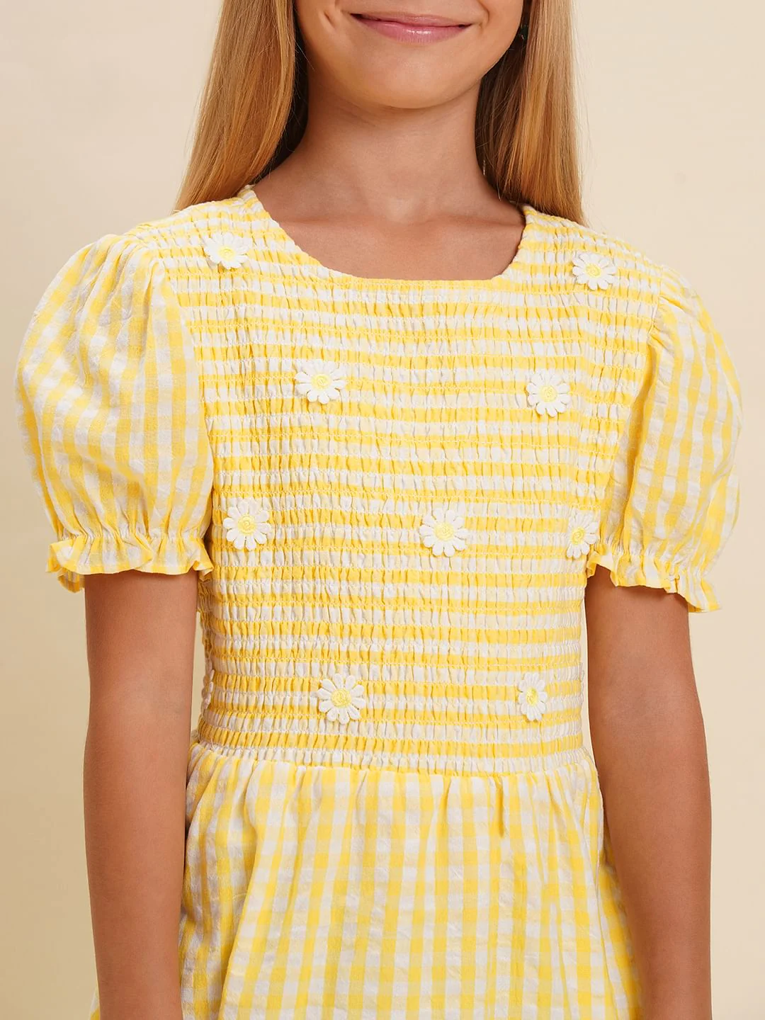 Girls Yellow Check Smocked Dress - Image 4