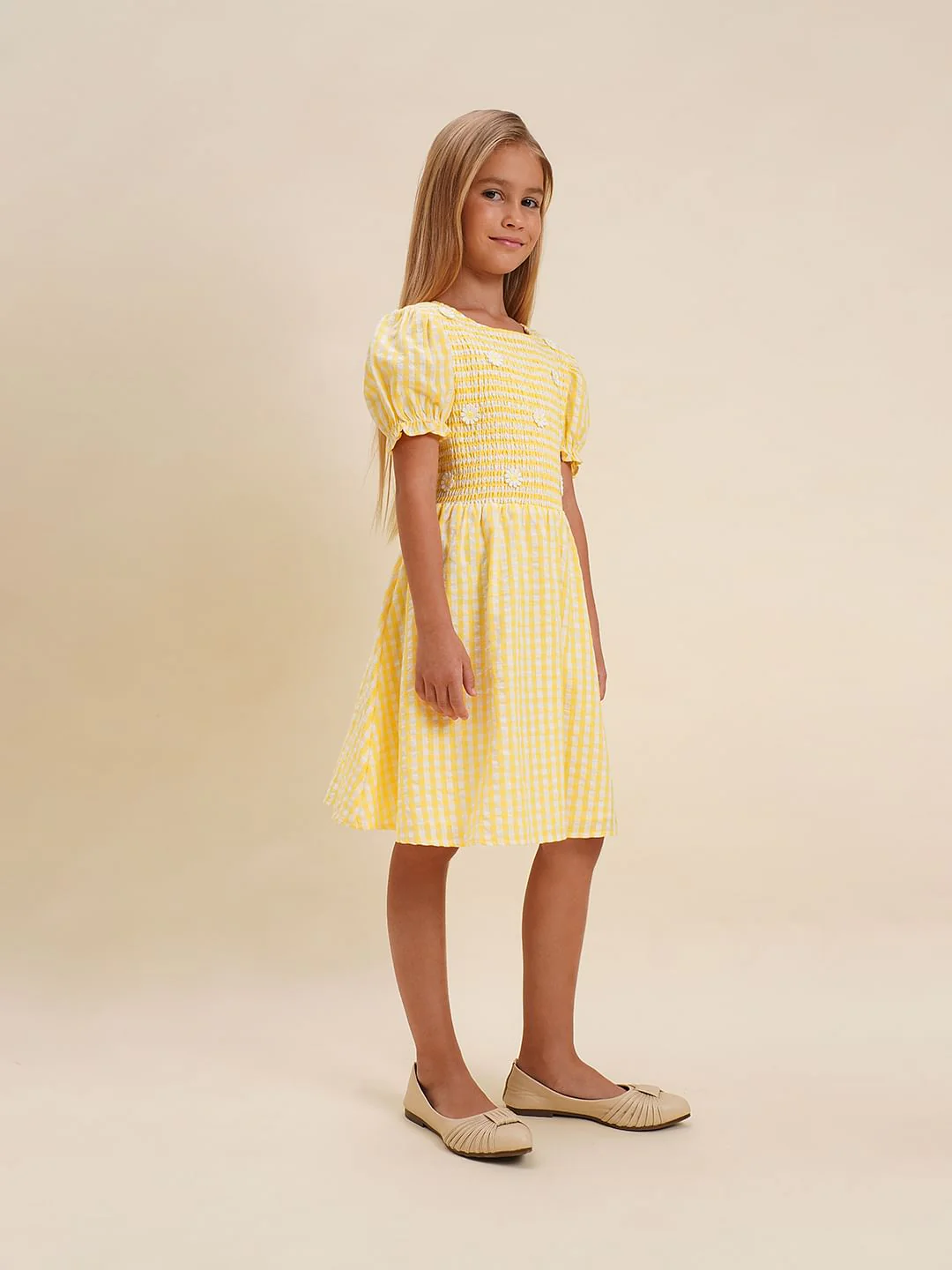Girls Yellow Check Smocked Dress - Image 5