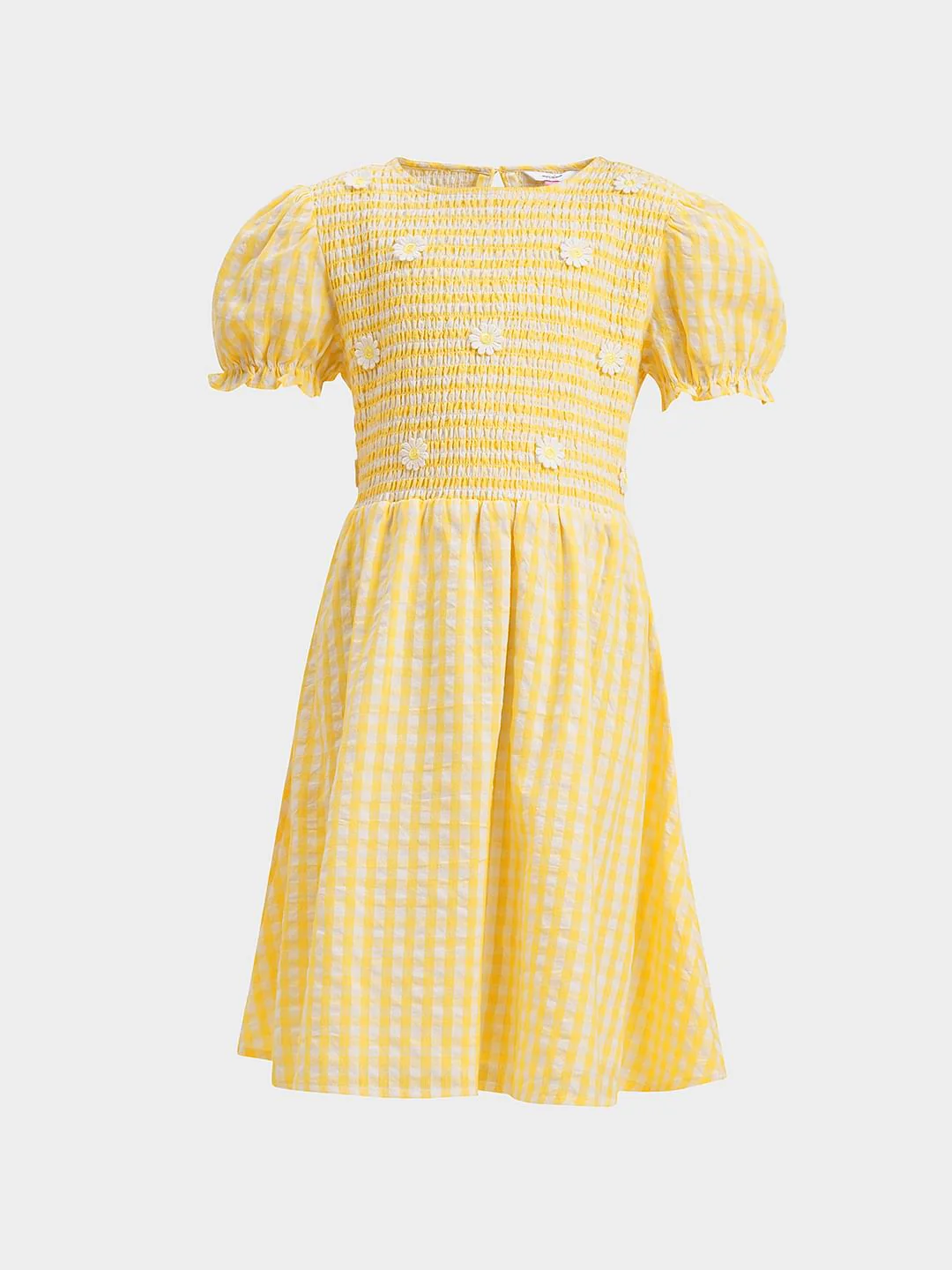 Girls Yellow Check Smocked Dress - Image 6