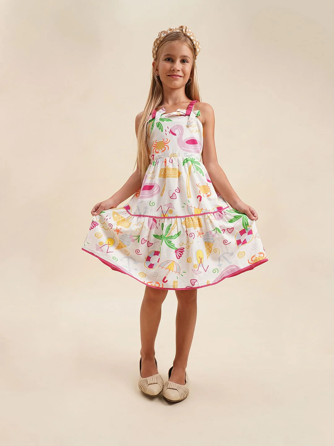 Girls White Printed Strappy Dress - Image 5