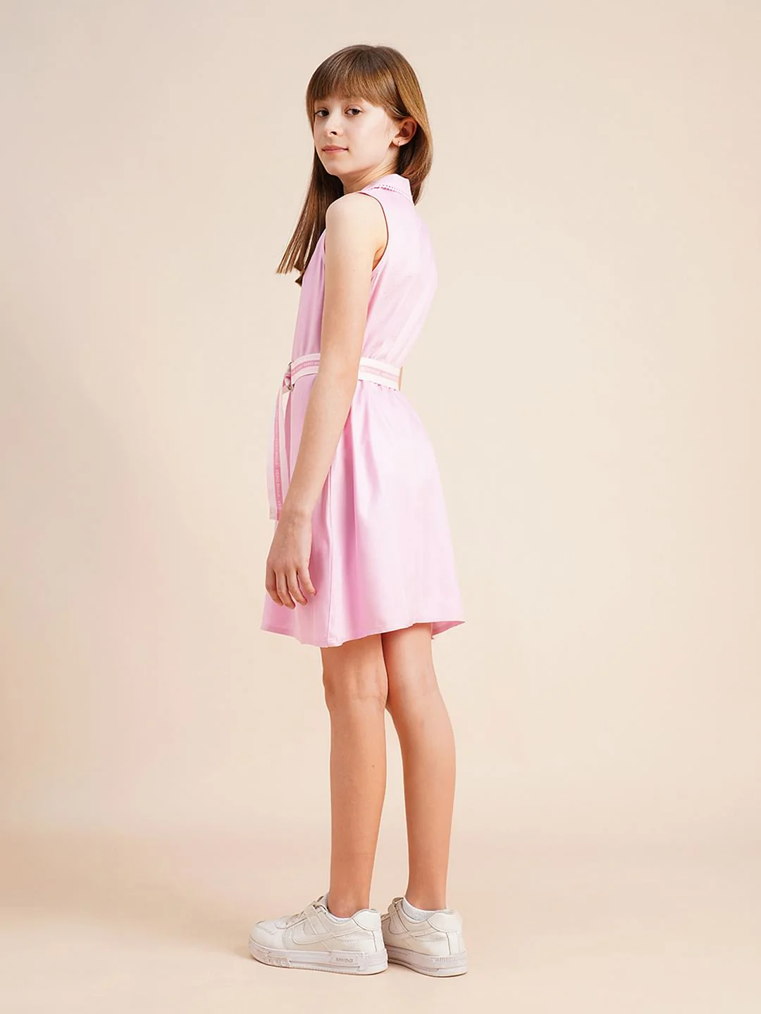 Girls Pink Belted Shirt Dress - Image 3