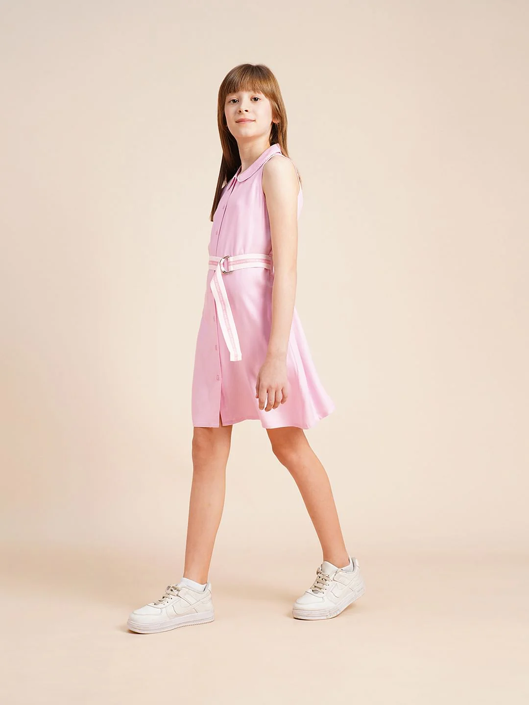 Girls Pink Belted Shirt Dress - Image 5