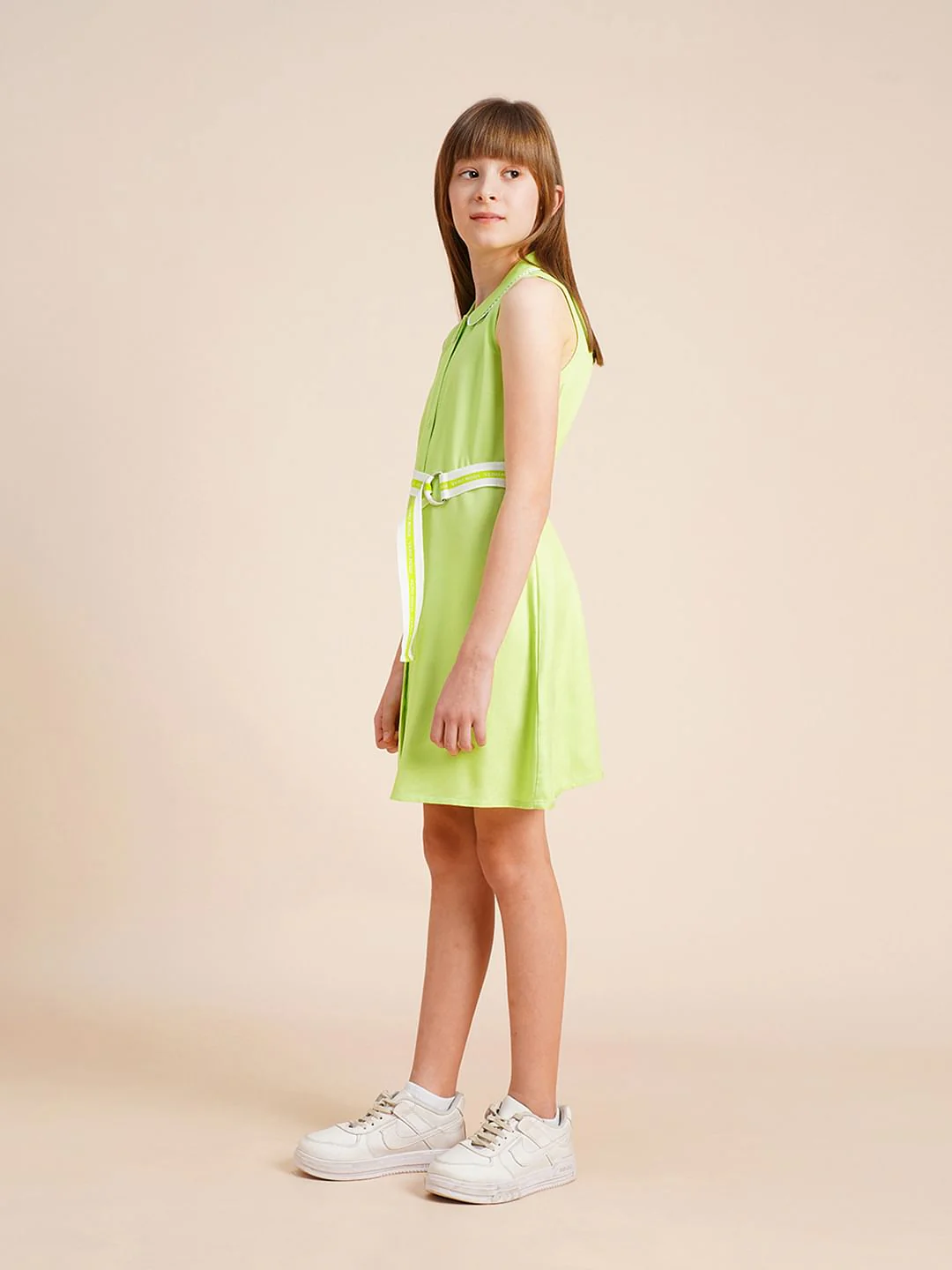 Girls Green Belted Shirt Dress - Image 5