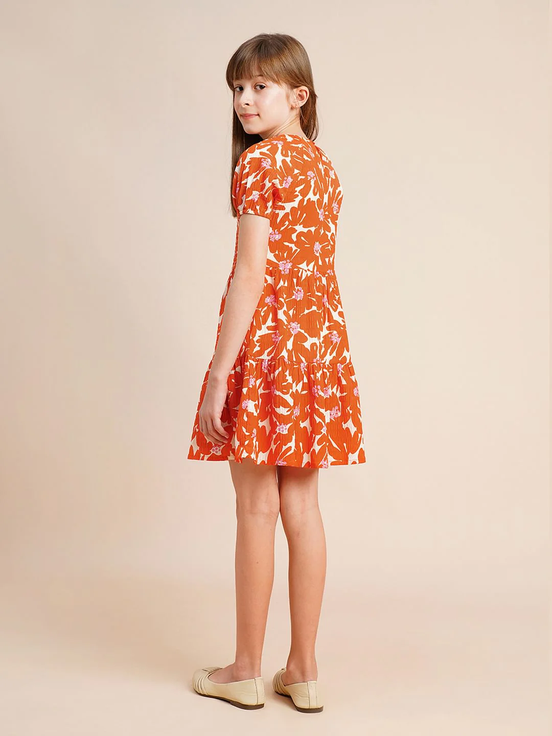 Girls Orange Printed Flared Dress - Image 3