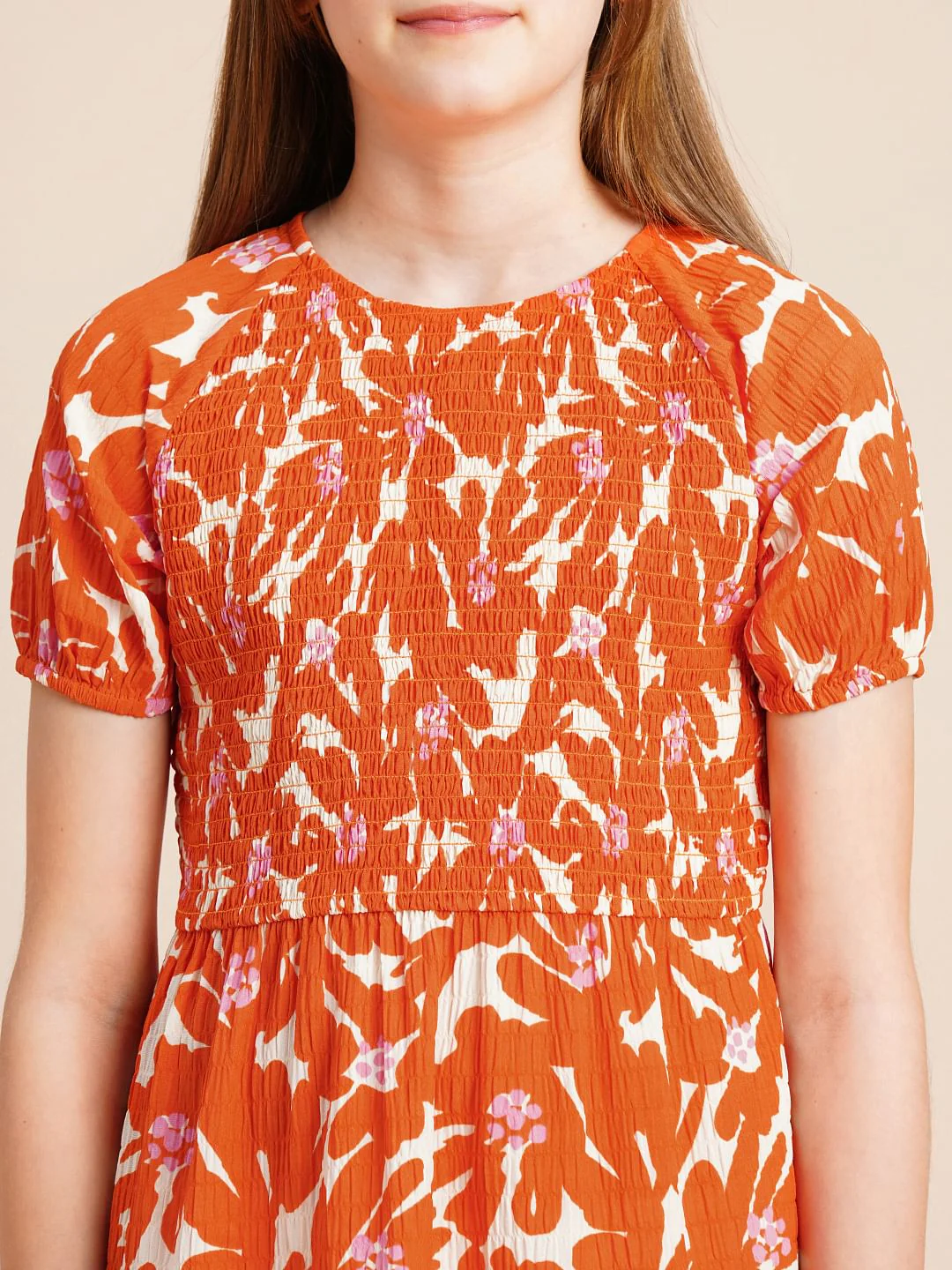 Girls Orange Printed Flared Dress - Image 4