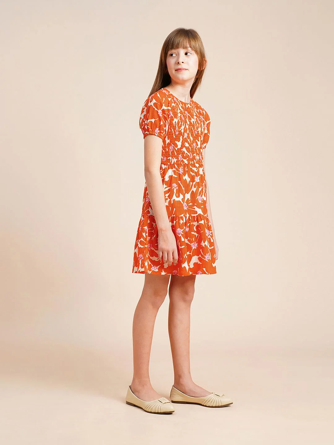 Girls Orange Printed Flared Dress - Image 5