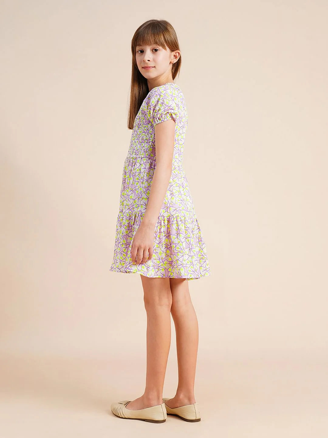 Girls White Printed Smocked Dress - Image 3