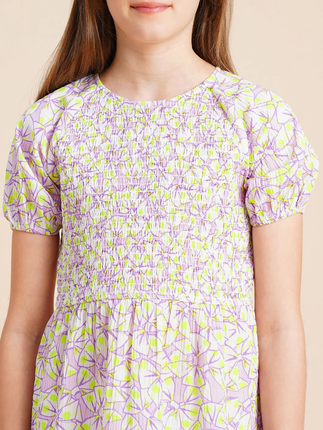 Girls White Printed Smocked Dress - Image 4