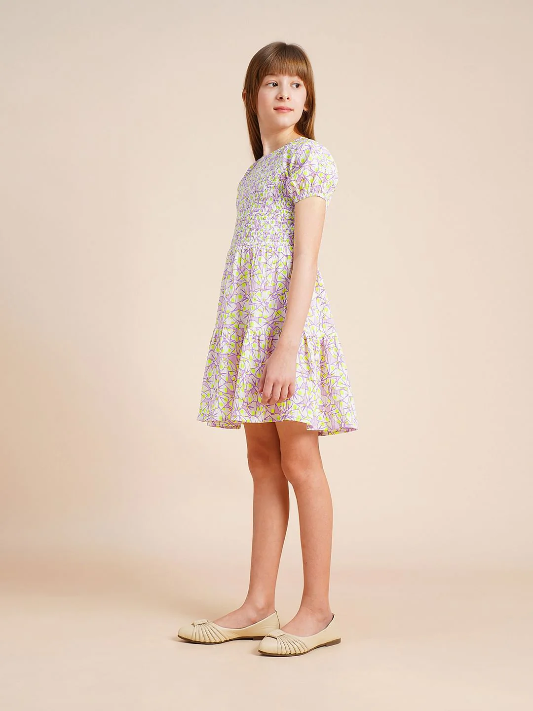Girls White Printed Smocked Dress - Image 5