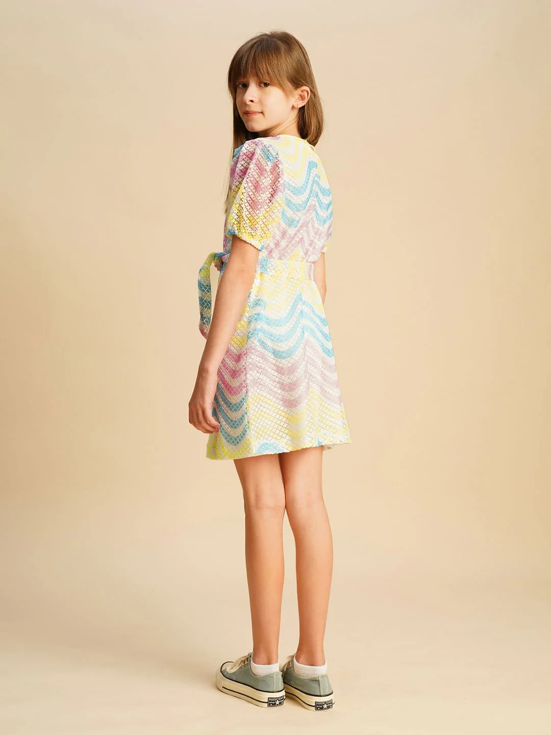 Girls Multi-Colour Puff Sleeves Printed Dress - Image 3