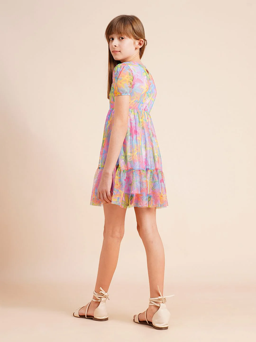Girls Lilac Printed Mesh Dress - Image 3