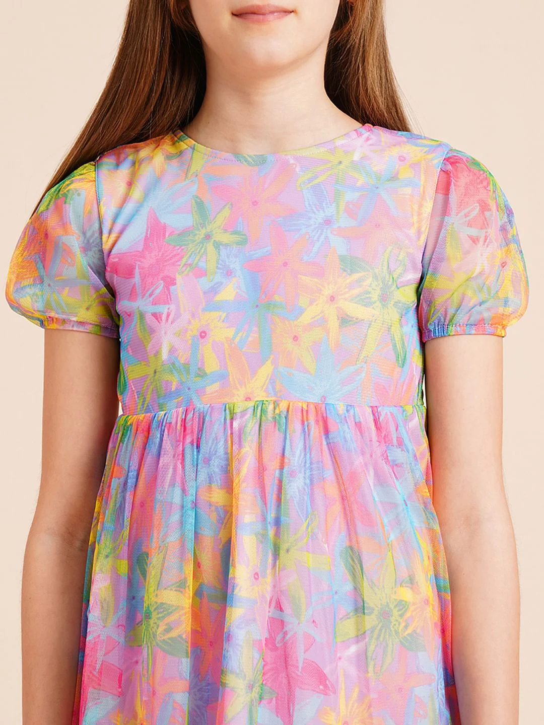 Girls Lilac Printed Mesh Dress - Image 4