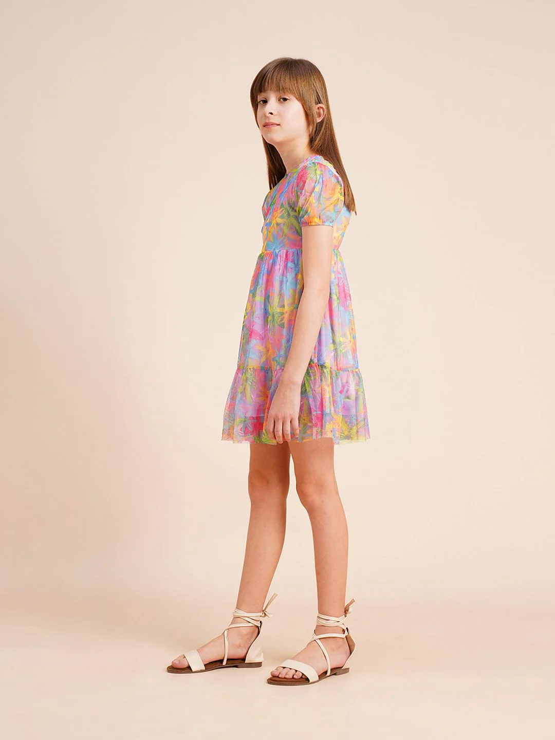 Girls Lilac Printed Mesh Dress - Image 5