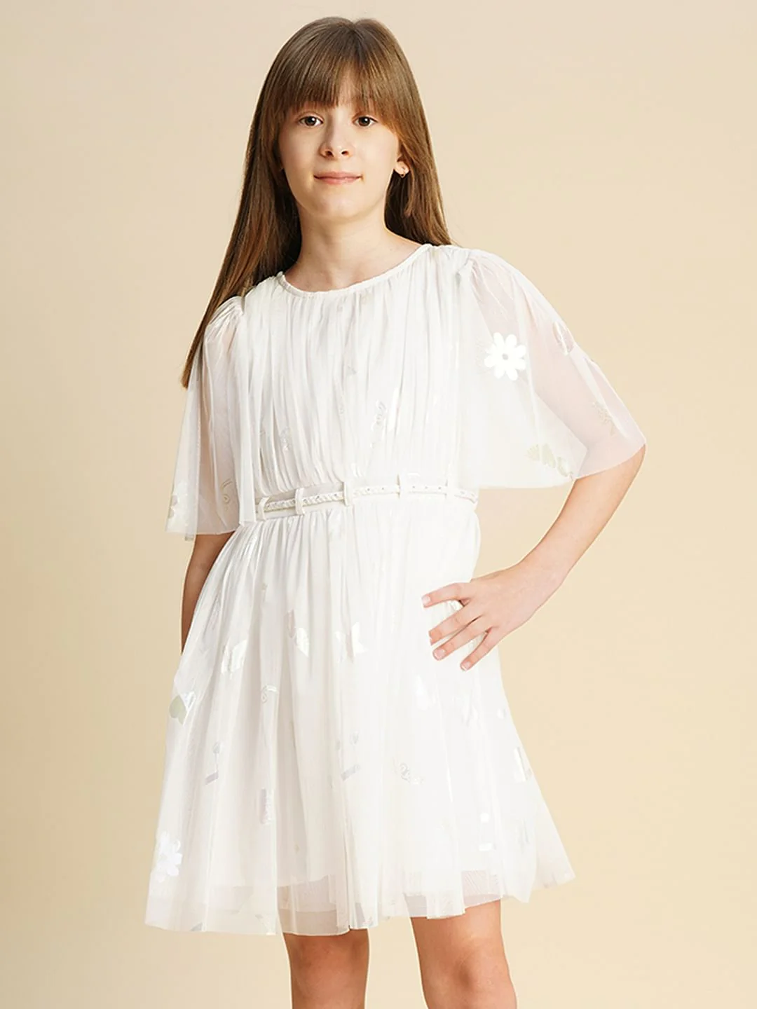 Girls White Mesh Layered Dress - Image 2
