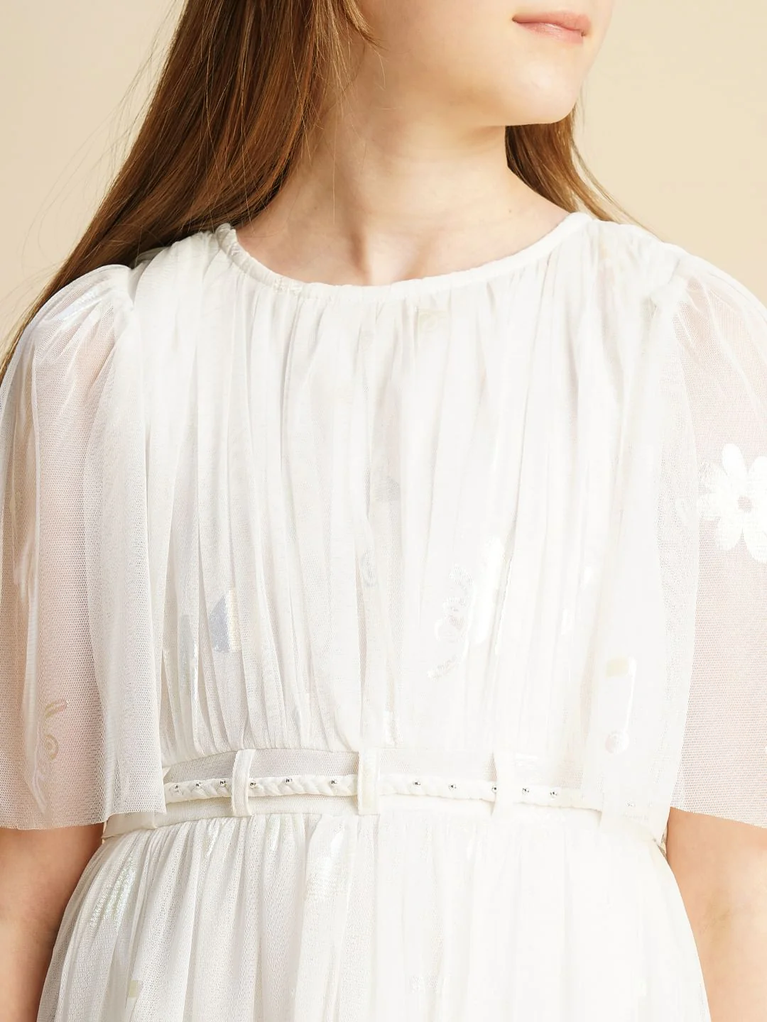 Girls White Mesh Layered Dress - Image 4