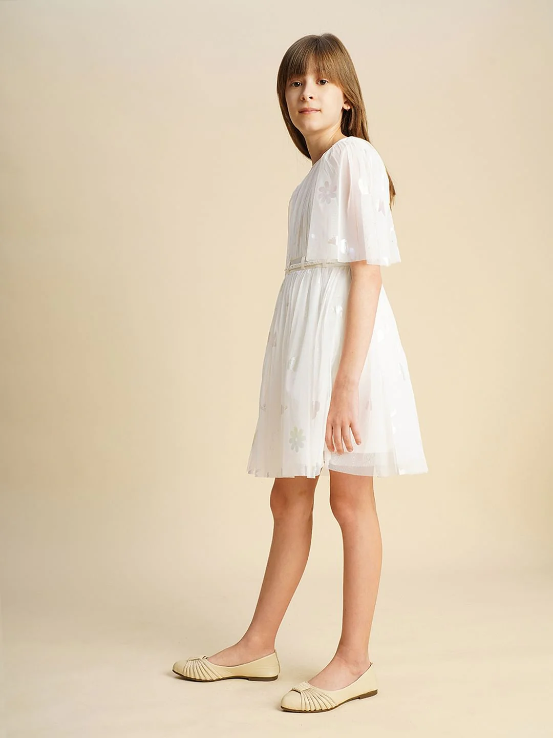 Girls White Mesh Layered Dress - Image 5