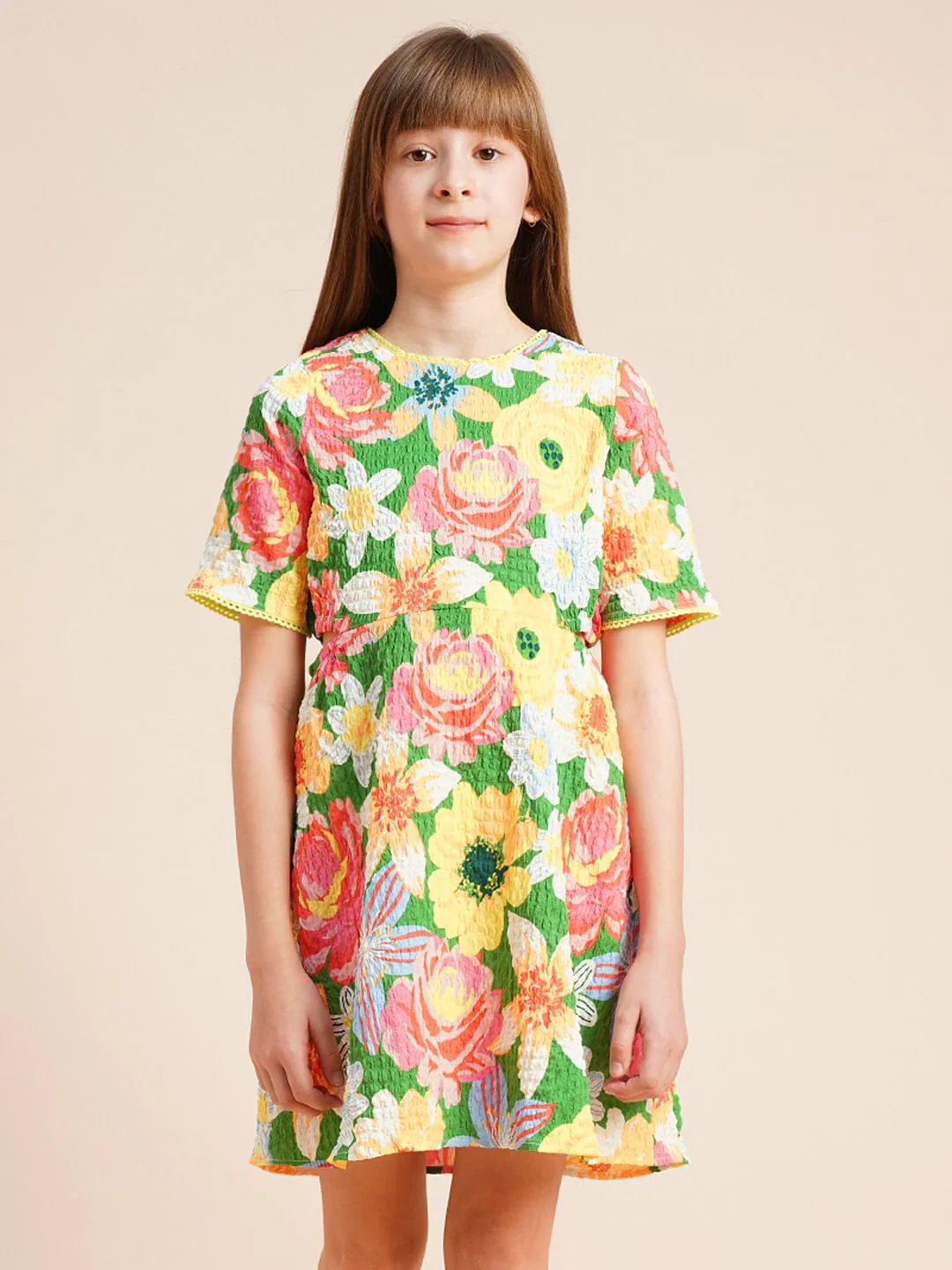 Girls Green Printed Waist Cut-Out Dress - Image 2