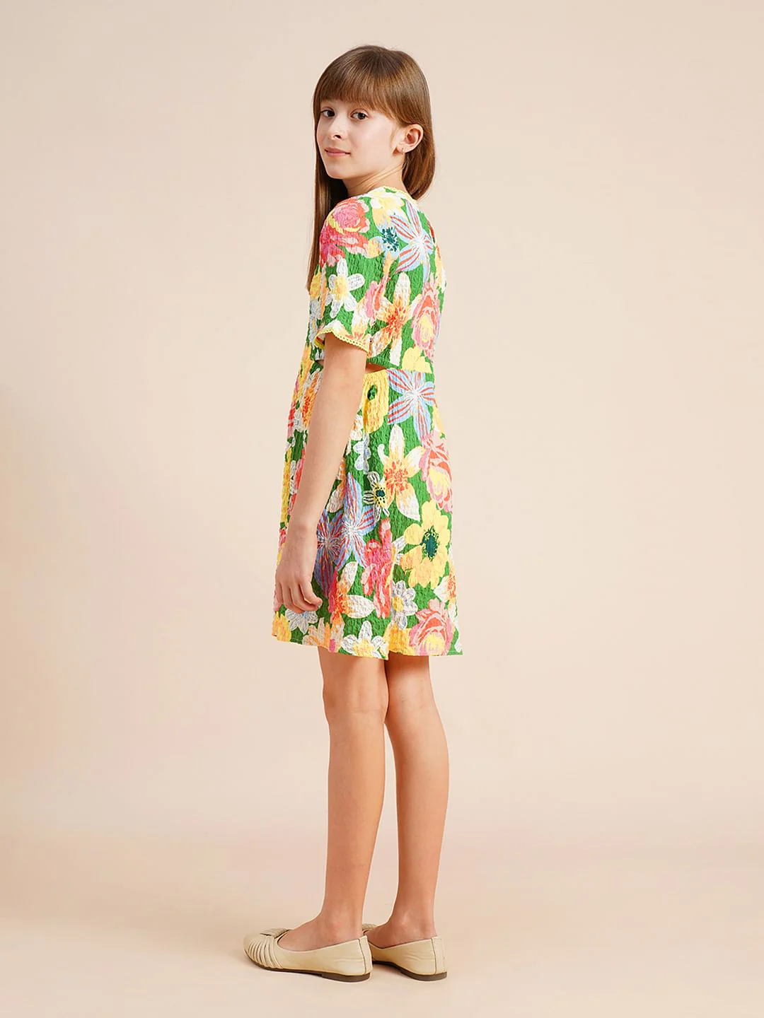 Girls Green Printed Waist Cut-Out Dress - Image 3