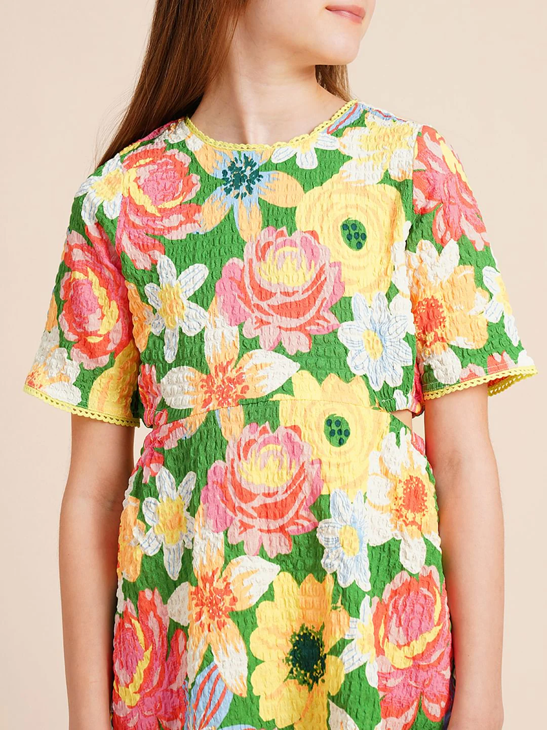Girls Green Printed Waist Cut-Out Dress - Image 4