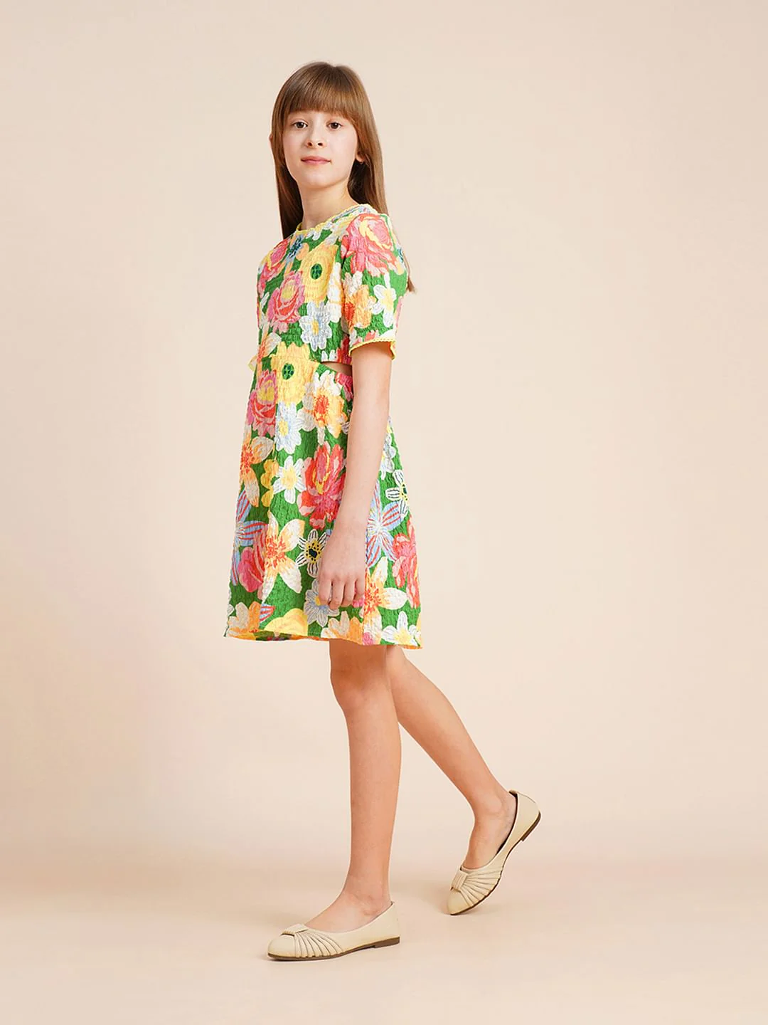 Girls Green Printed Waist Cut-Out Dress - Image 5