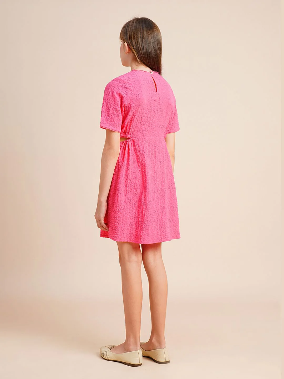 Girls Pink Textured Waist Cut-Out Dress - Image 3