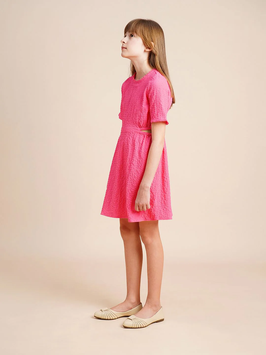 Girls Pink Textured Waist Cut-Out Dress - Image 5