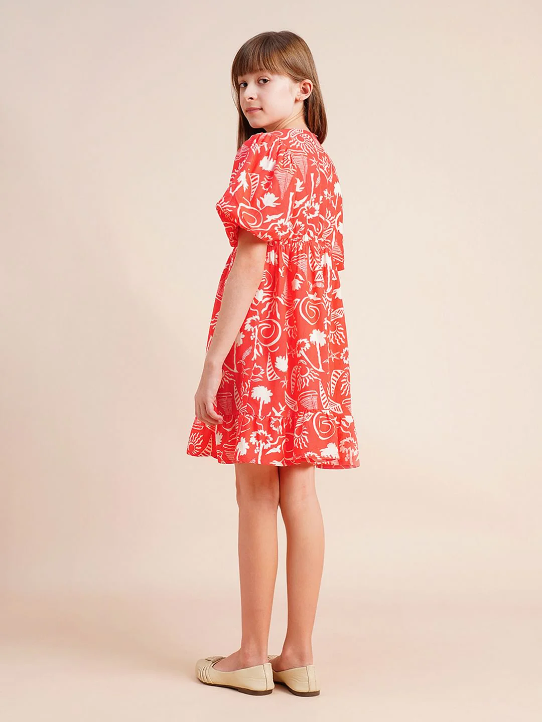 Girls Coral Puff Sleeves Printed Dress - Image 3