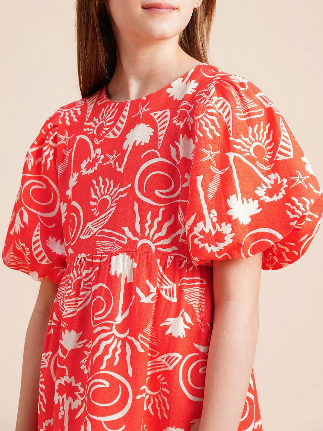 Girls Coral Puff Sleeves Printed Dress - Image 4