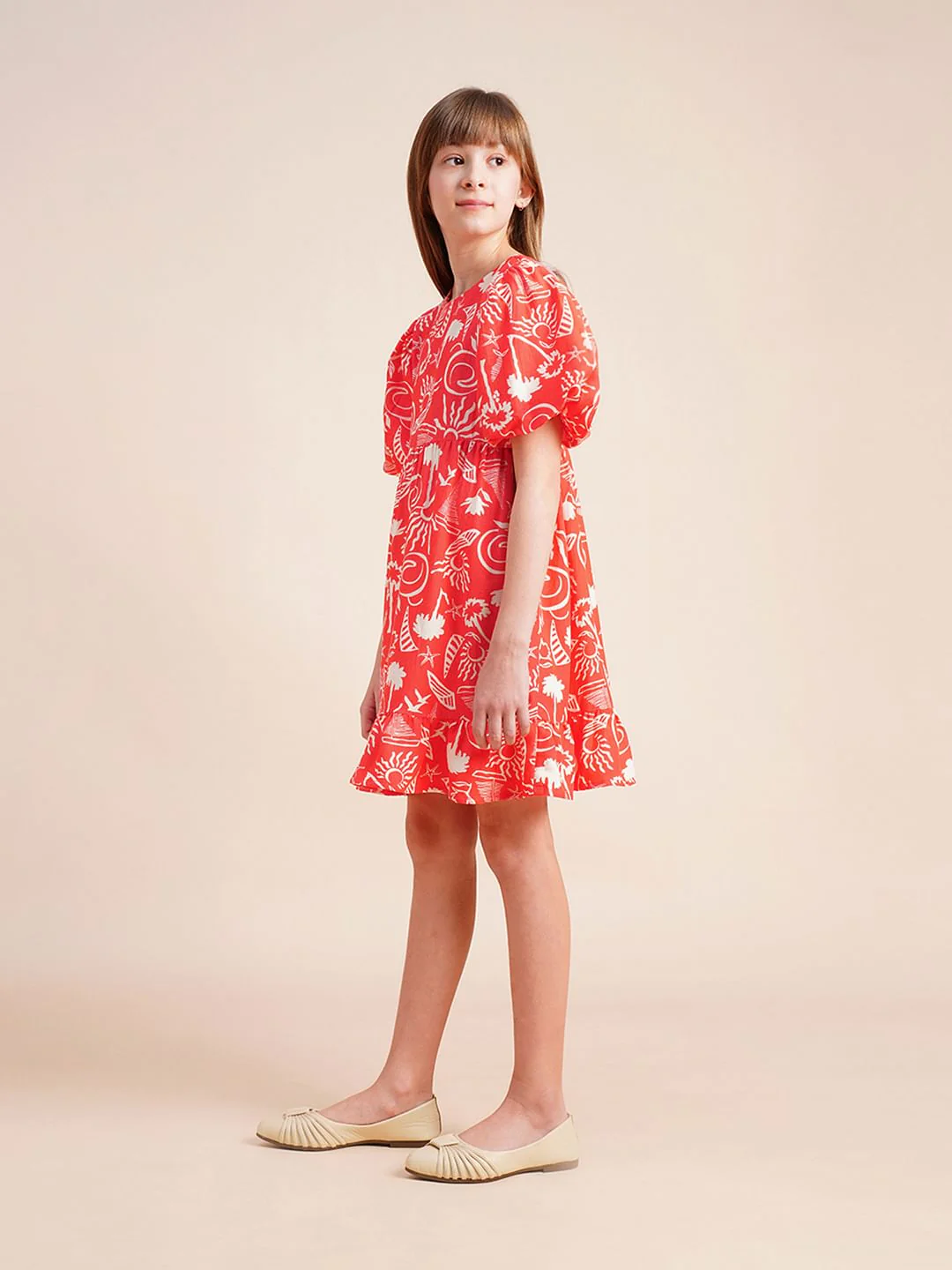 Girls Coral Puff Sleeves Printed Dress - Image 5