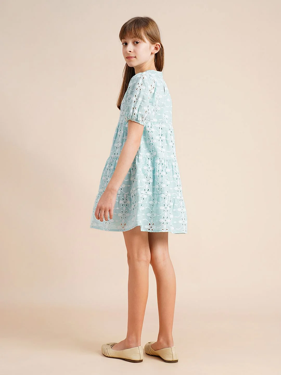 Girls Blue Schiffli Textured Dress - Image 3