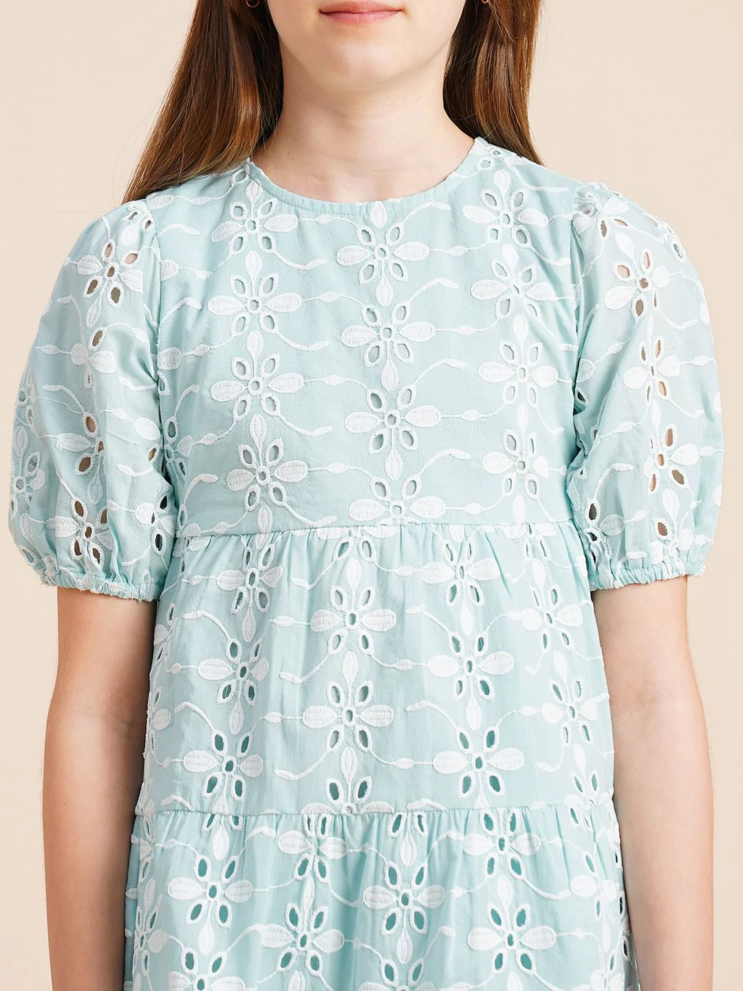 Girls Blue Schiffli Textured Dress - Image 4