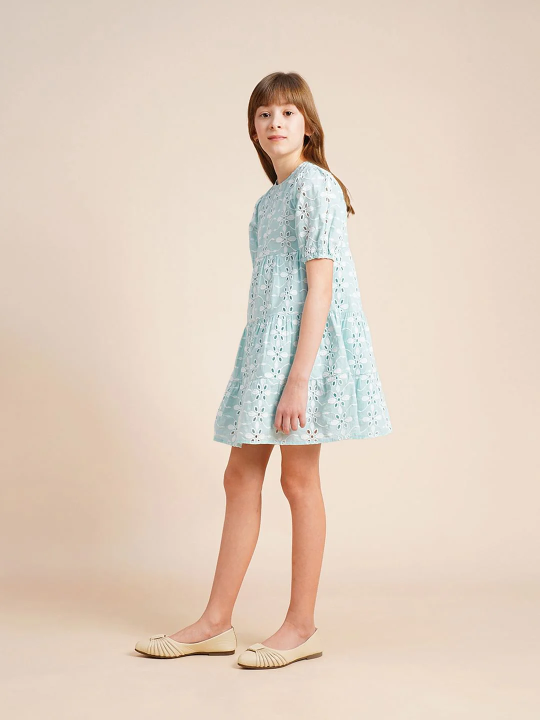 Girls Blue Schiffli Textured Dress - Image 5