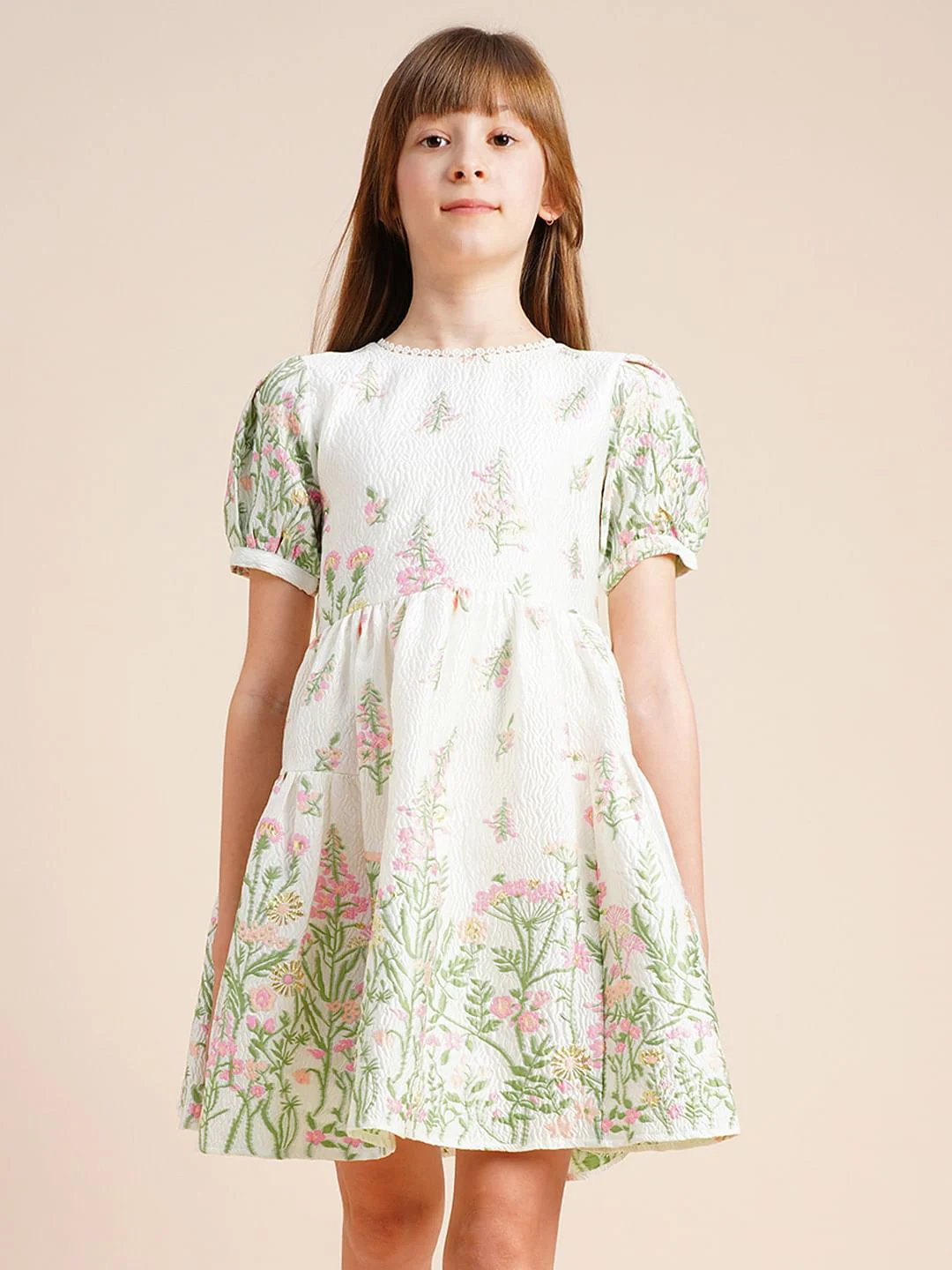 Girls White Floral Jacquard Dress - Image 2
