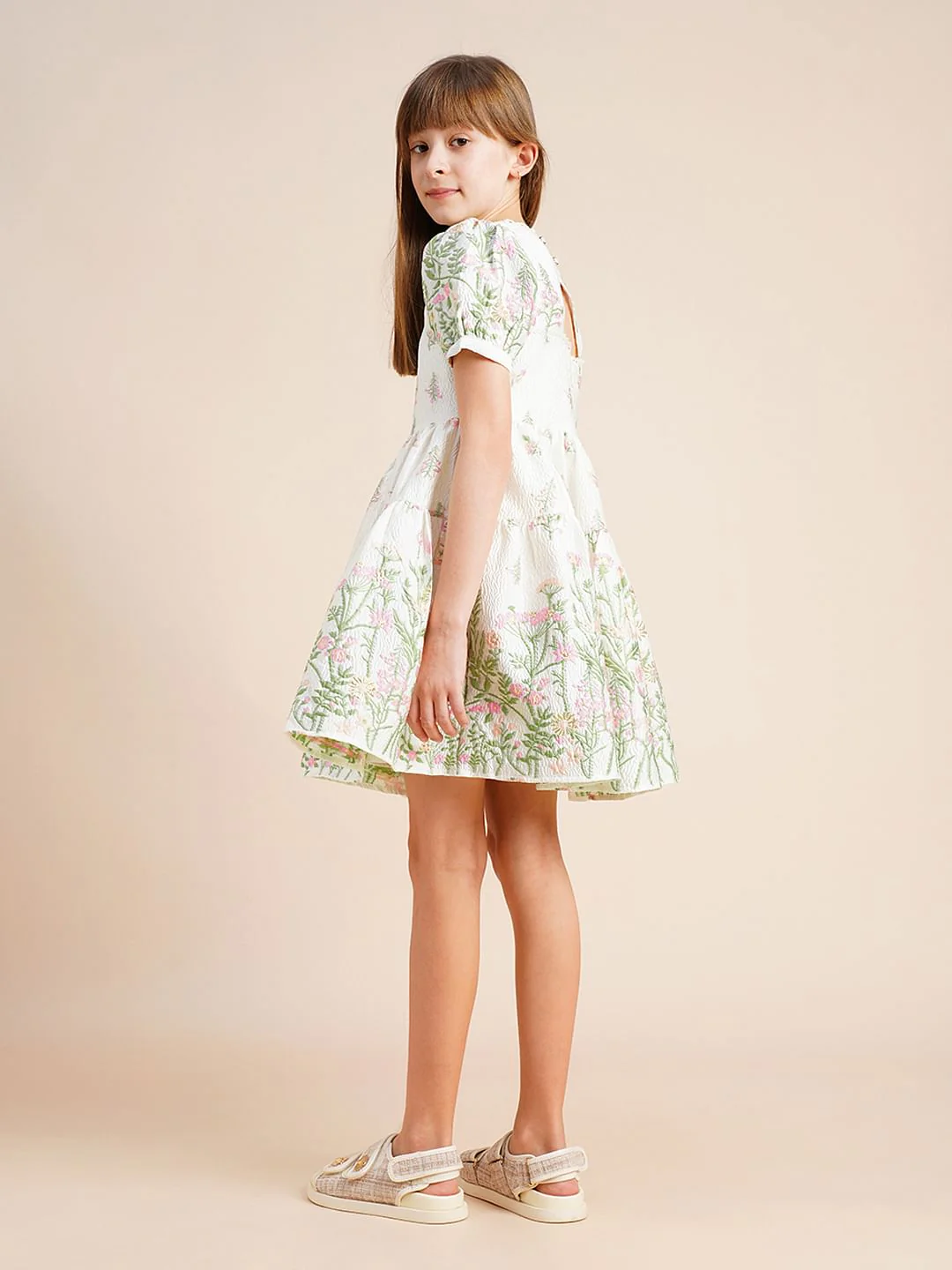 Girls White Floral Jacquard Dress - Image 3