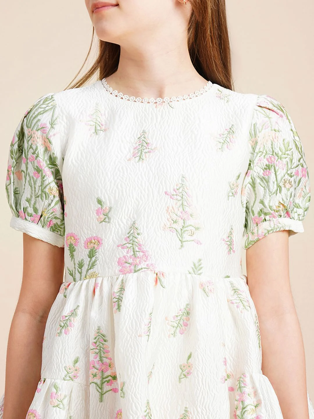 Girls White Floral Jacquard Dress - Image 4