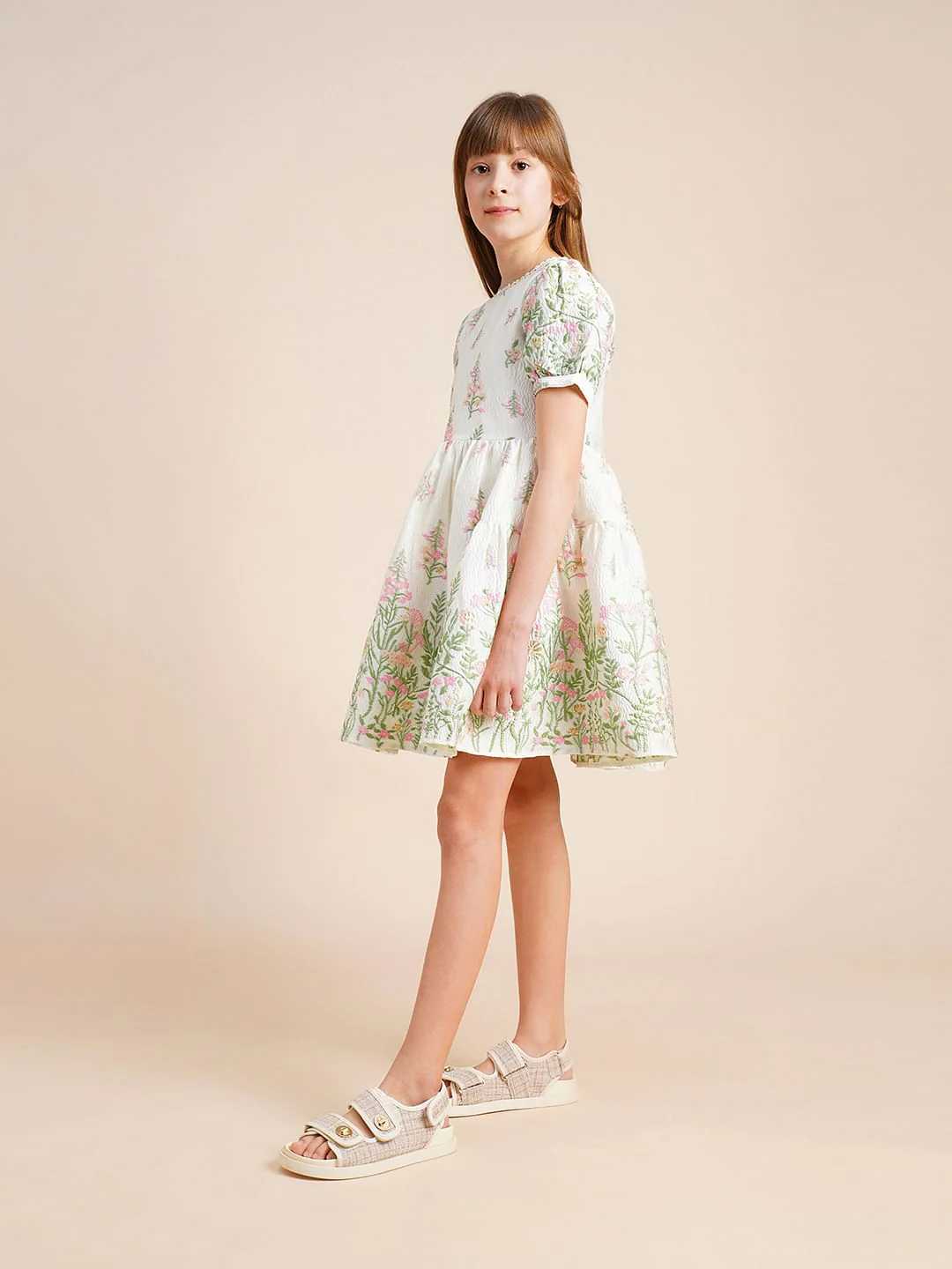 Girls White Floral Jacquard Dress - Image 5