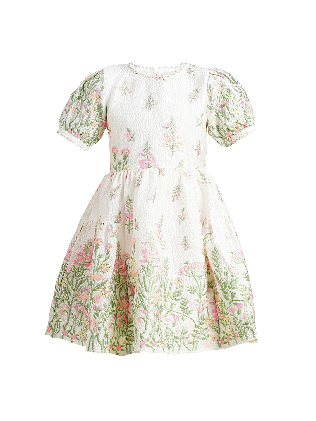 Girls White Floral Jacquard Dress - Image 6